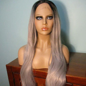 24" long GRAY & BLACK ROOTS lace front WIG